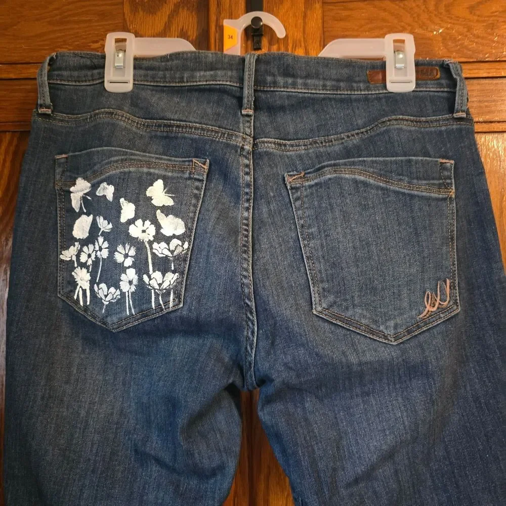 HANDCRAFTED Upcycled Denim Jeans HANDPAINTED Floral Boho Casual Bottoms Size 10